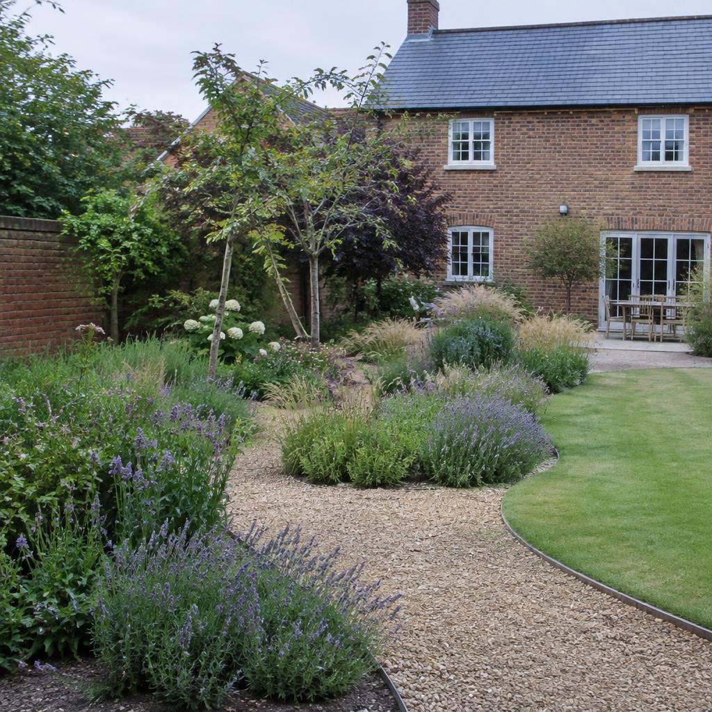 Garden design with lavender borders, gravel path and lawn